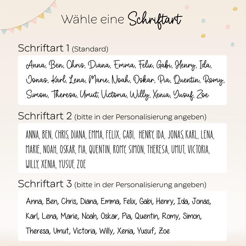 May include: A font selection chart titled W&auml;hle eine Schriftart featuring three distinct styles. Schriftart 1 displays names in a cursive script. Schriftart 2 shows names in an all-caps sans-serif font. Schriftart 3 presents names in a rounded sans-serif font.