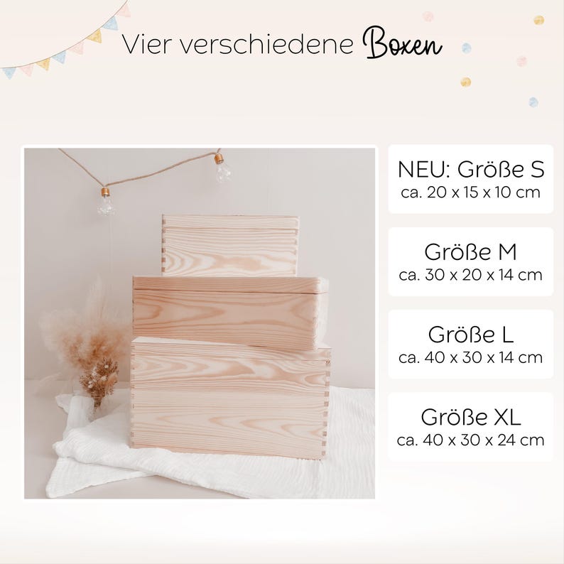 Größenübersicht der personalisierten Holz-Erinnerungskisten. Erhältlich in mehreren Formaten – kleine, mittlere und große Boxen – ideal zur Aufbewahrung von Erinnerungen, Geburtsgeschenken oder Fotos.