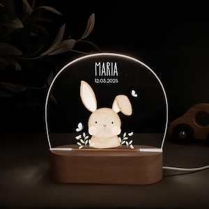 Personalisierte Nachtlampe mit Holzsockel und Acrylglas, bedruckt mit bunten HejHanni-Motiven und Wunschnamen. Dimmbares Kinderzimmerlicht – ideales Geschenk zur Geburt, Taufe oder zum Geburtstag.
