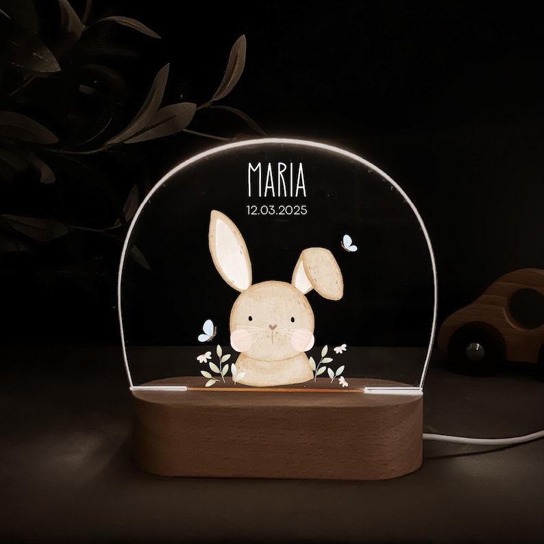 Personalisierte Nachtlampe mit Holzsockel und Acrylglas, bedruckt mit bunten HejHanni-Motiven und Wunschnamen. Dimmbares Kinderzimmerlicht – ideales Geschenk zur Geburt, Taufe oder zum Geburtstag.