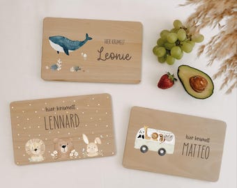 Personalisiertes Frühstücksbrettchen – Holzbrett mit Namen, Kinder Geschenk, Brotzeit, nachhaltig, HejHanni Motive