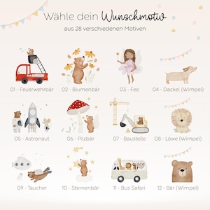 Motivauswahl für personalisierte LED-Nachtlampen mit Holzsockel und Acrylglas. Liebevoll illustrierte HejHanni-Designs wie Tiere, Feen und Bären – individuell mit Namen bedruckt. Perfekte Geschenkidee fürs Kinderzimmer oder zur Geburt.