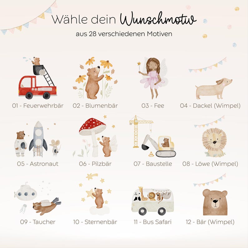 Motivauswahl für personalisierte LED-Nachtlampen mit Holzsockel und Acrylglas. Liebevoll illustrierte HejHanni-Designs wie Tiere, Feen und Bären – individuell mit Namen bedruckt. Perfekte Geschenkidee fürs Kinderzimmer oder zur Geburt.