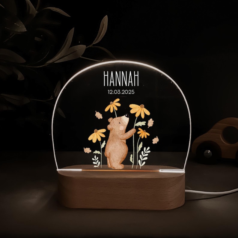 Personalisierte Nachtlampe mit Holzsockel und Acrylglas, bedruckt mit bunten HejHanni-Motiven und Wunschnamen. Dimmbares Kinderzimmerlicht – ideales Geschenk zur Geburt, Taufe oder zum Geburtstag.