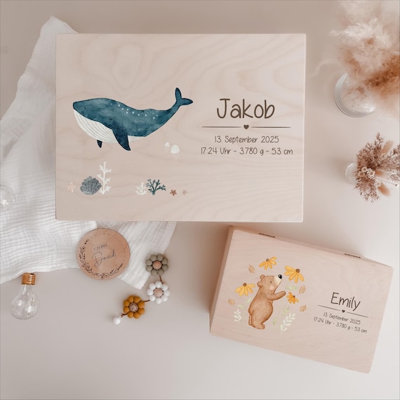 Erinnerungskiste Baby - personalisierte Erinnerungskiste - Geschenk Geburt - Babybox mit Name & Geburtsdaten - Motive von HejHanni