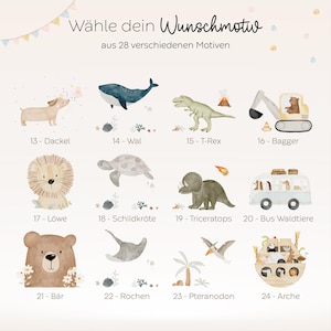 Motivauswahl für personalisierte LED-Nachtlampen mit Holzsockel und Acrylglas. Liebevoll illustrierte HejHanni-Designs wie Tiere, Feen und Bären – individuell mit Namen bedruckt. Perfekte Geschenkidee fürs Kinderzimmer oder zur Geburt.