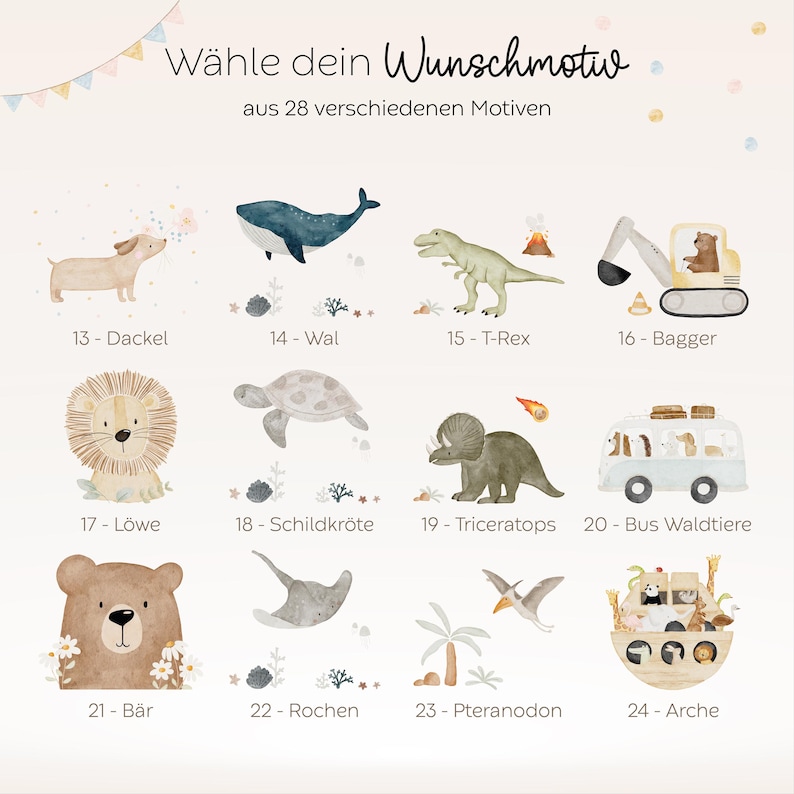 Motivauswahl für personalisierte LED-Nachtlampen mit Holzsockel und Acrylglas. Liebevoll illustrierte HejHanni-Designs wie Tiere, Feen und Bären – individuell mit Namen bedruckt. Perfekte Geschenkidee fürs Kinderzimmer oder zur Geburt.