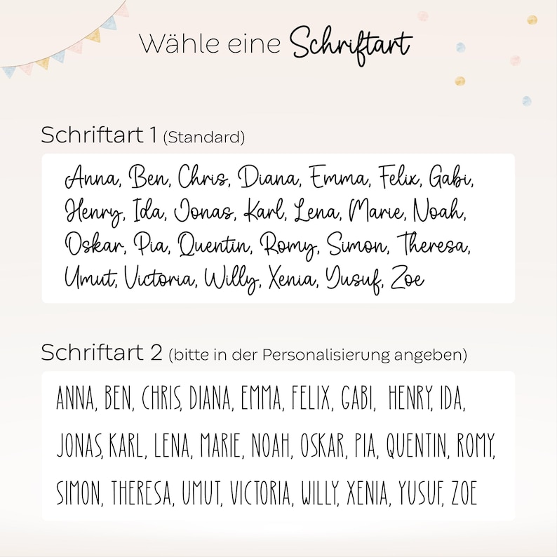 Schriftauswahl für personalisierte LED-Nachtlampen mit Holzsockel und Acrylglas. Liebevoll illustrierte HejHanni-Designs wie Tiere, Feen und Bären – individuell mit Namen bedruckt. Perfekte Geschenkidee fürs Kinderzimmer oder zur Geburt.