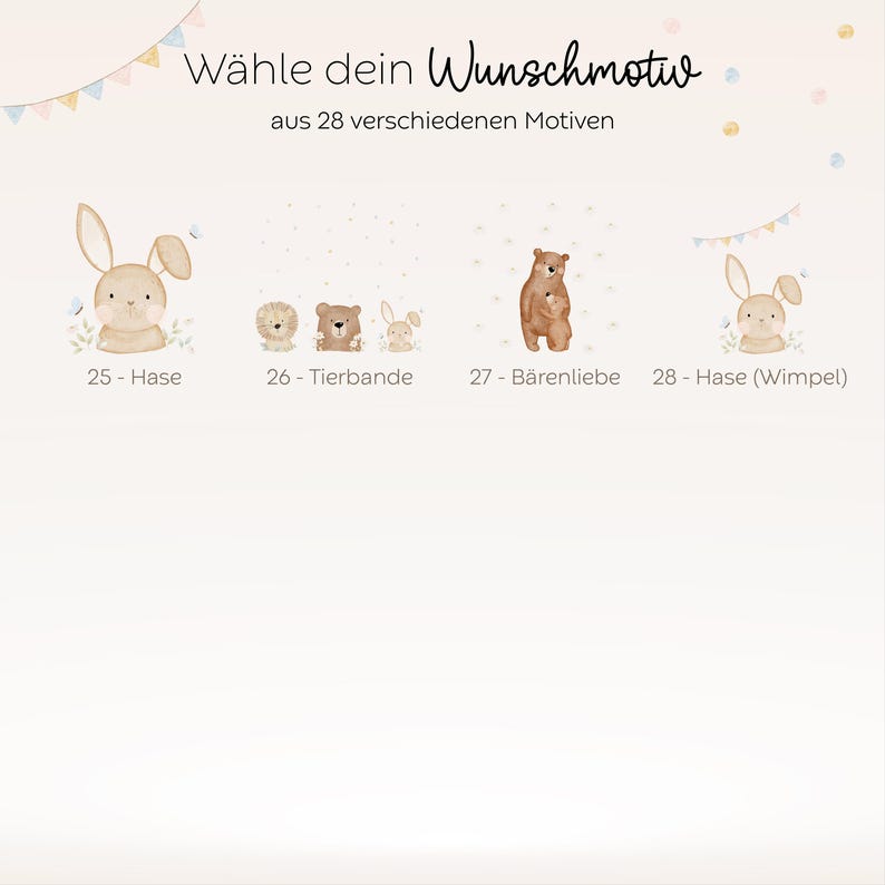 Übersicht der verschiedenen HejHanni-Illustrationen für personalisierte Emaille-Tassen, darunter Tiere und kindgerechte Motive wie Wal, Bär, Reh, Löwe, Hase und Feuerwehrauto – liebevoll gezeichnet in sanften Naturtönen.