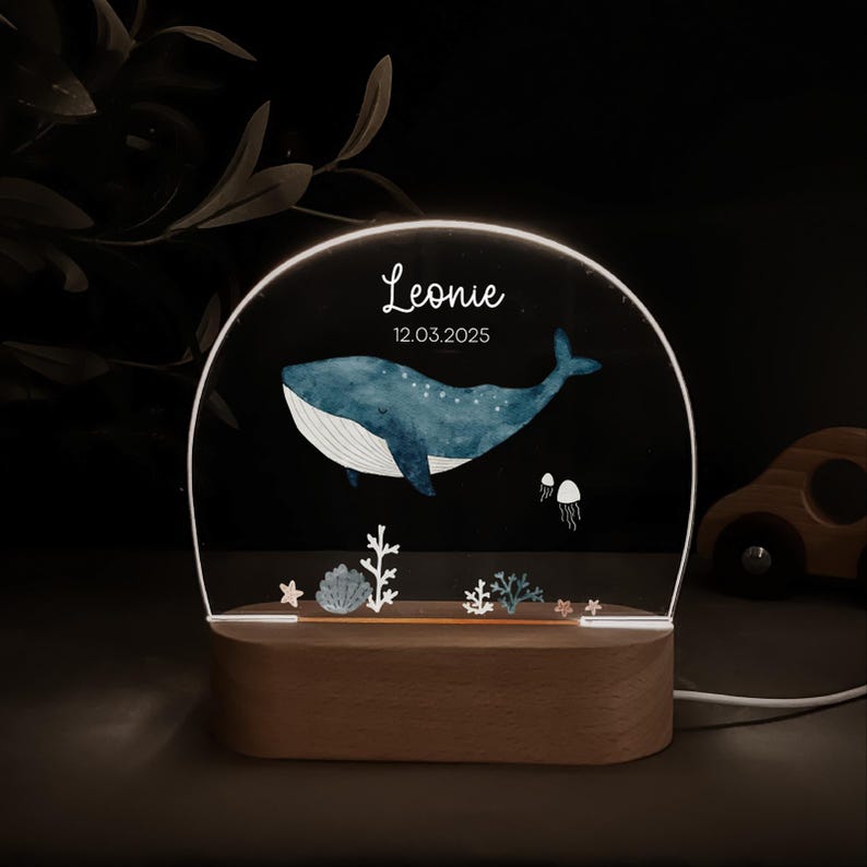 Personalisierte Nachtlampe mit Holzsockel und Acrylglas, bedruckt mit bunten HejHanni-Motiven und Wunschnamen. Dimmbares Kinderzimmerlicht – ideales Geschenk zur Geburt, Taufe oder zum Geburtstag.