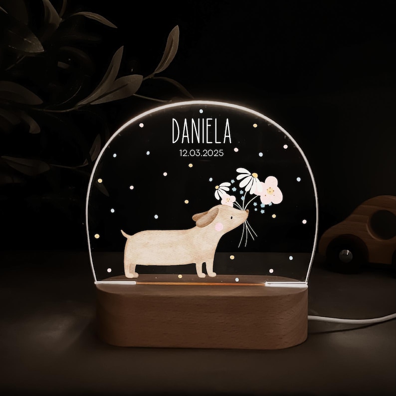 Personalisierte Nachtlampe mit Holzsockel und Acrylglas, bedruckt mit bunten HejHanni-Motiven und Wunschnamen. Dimmbares Kinderzimmerlicht – ideales Geschenk zur Geburt, Taufe oder zum Geburtstag.