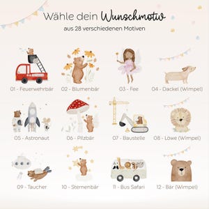 Übersicht der verschiedenen HejHanni-Illustrationen für personalisierte Emaille-Tassen, darunter Tiere und kindgerechte Motive wie Wal, Bär, Reh, Löwe, Hase und Feuerwehrauto – liebevoll gezeichnet in sanften Naturtönen.