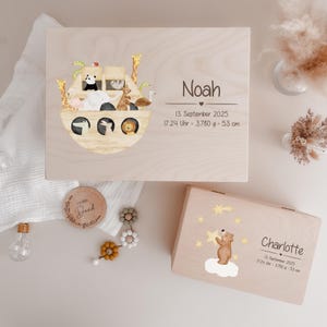 Personalisierte Holz-Erinnerungskiste mit HejHanni-Motiv und Wunschnamen. Bedruckt mit lebensmittelechter, Greenguard Gold zertifizierter Tinte – perfekt als Geschenk zur Geburt, Taufe oder für besondere Erinnerungen.