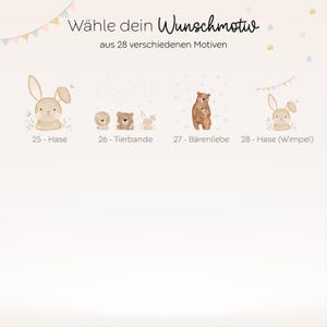 Motivauswahl für personalisierte LED-Nachtlampen mit Holzsockel und Acrylglas. Liebevoll illustrierte HejHanni-Designs wie Tiere, Feen und Bären – individuell mit Namen bedruckt. Perfekte Geschenkidee fürs Kinderzimmer oder zur Geburt.