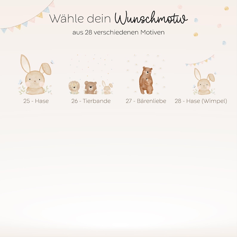 Motivauswahl für personalisierte LED-Nachtlampen mit Holzsockel und Acrylglas. Liebevoll illustrierte HejHanni-Designs wie Tiere, Feen und Bären – individuell mit Namen bedruckt. Perfekte Geschenkidee fürs Kinderzimmer oder zur Geburt.
