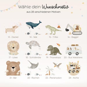 Übersicht der verschiedenen HejHanni-Illustrationen für personalisierte Emaille-Tassen, darunter Tiere und kindgerechte Motive wie Wal, Bär, Reh, Löwe, Hase und Feuerwehrauto – liebevoll gezeichnet in sanften Naturtönen.