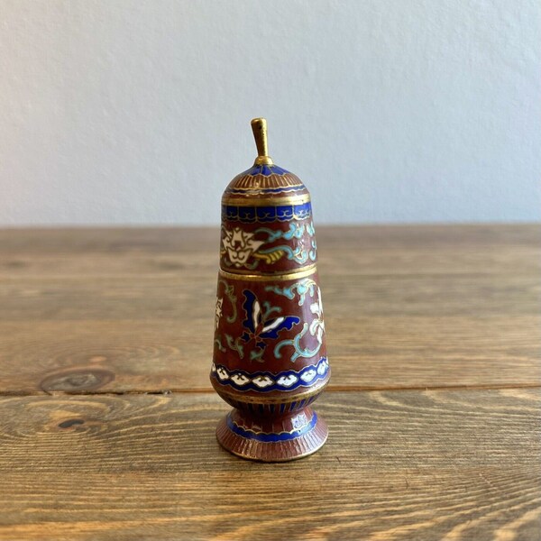 Vintage Cloisonne Toothpick / Match Stick Holder with Lid Red Floral & Butterfly