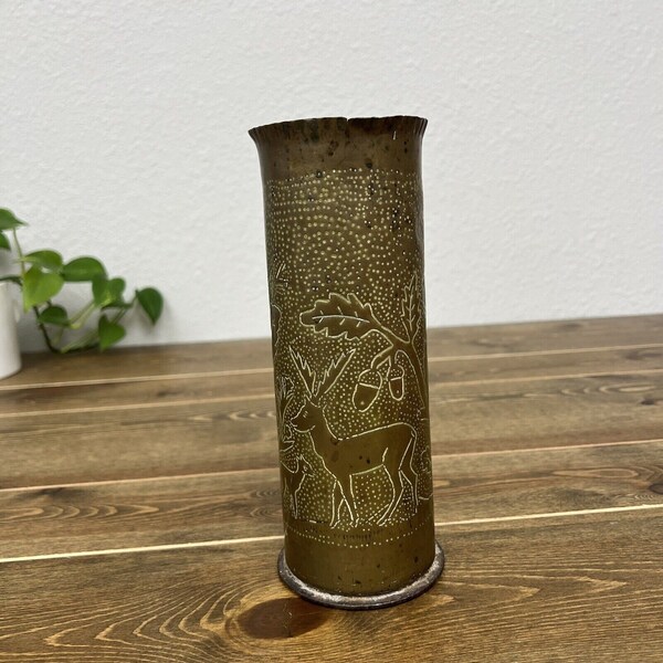 Rare Vintage World War One Trench Art Engraved France 1914 / 1918 Flowers Shell