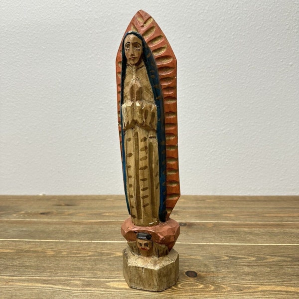 Our Lady of Guadalupe Hand Carved Folk Art Sculpture Vintage