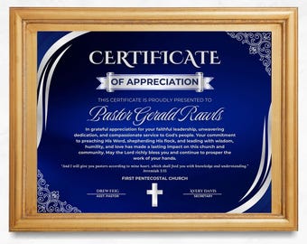 Pastor Appreciation Certificate, Blue Silver Clergy Award, Editable Canva Template (11x8.5)