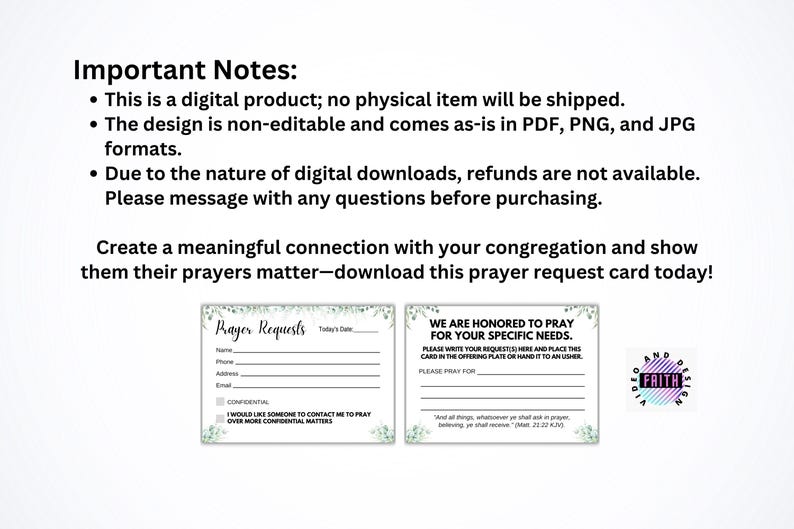 Printable Church Prayer Request Card Greenery Design digital Download 