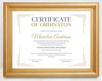 Plantilla editable de certificado de ordenación para pastores (descarga digital)