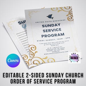 Plantilla elegante para programa de iglesia: Servicio dominical dorado y azul (edición en Canva, descarga digital imprimible)