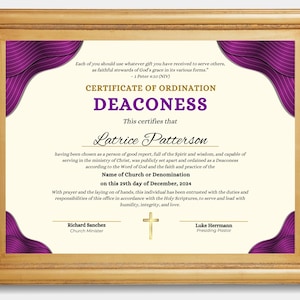 Puede incluir: Un certificado de ordenación para una diaconisa llamada Latrice Patterson, fechado el 29 de diciembre de 2024. El certificado está enmarcado en oro con un diseño morado y blanco.