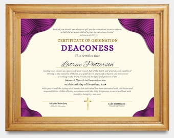 Plantilla de certificado de ordenación de diaconisa: Morado y dorado (Imprimible y editable en Canva)