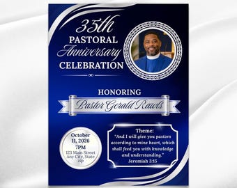 Pastors Church Anniversary Program Template, Bifold Booklet, Blue Silver Pastor Appreciation Program (Digital Download)