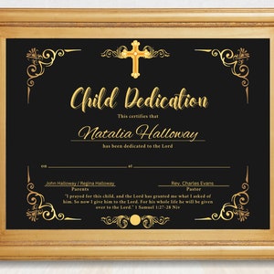Certificado religioso de dedicación de un niño, plantilla de premio digital con texto de muestra y cita de las Escrituras, plantilla de Canva