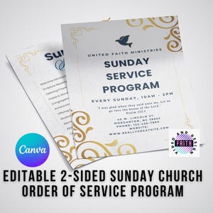Elegant Sunday Service Program Template | Editable Church Order of Service | Printable Gold & Blue Church Worship Bulletin | Canva Template