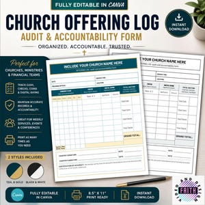 May include: A teal and gold Church Offering Log audit and accountability form, fully editable in Canva. The form includes sections for tracking cash, checks, and digital giving. It is designed for churches, ministries, and financial teams. The form is 21.59 cm x 27.94 cm and print ready.
