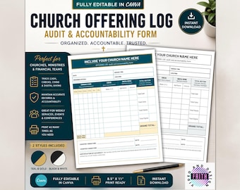 Church Offering Log | Editable Canva Audit & Accountability Form (Digital Download)