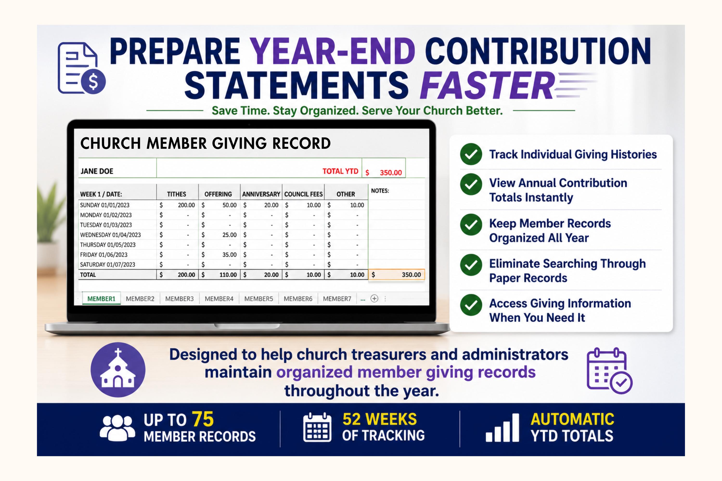 Church Member Giving Ledger | Contribution Statement Tracker (digital ...