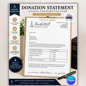 May include: A donation statement template from Faith Hill Community Church, designed for church administration and tax records. The document is fully editable in Canva and print-ready, with a professional layout. The template includes contribution categories and totals.