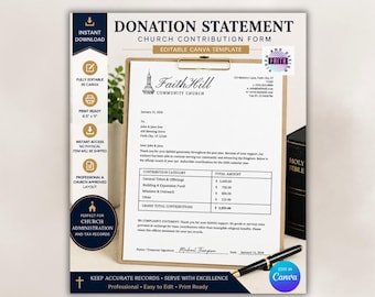 Church Giving Statement Template | Editable Year-End Tax Receipt (Digital Download)