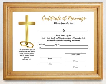 Editable Marriage Certificate Template, Printable Gold Wedding Certificate with Sample Wording and Scripture Quote, Edit in Canva