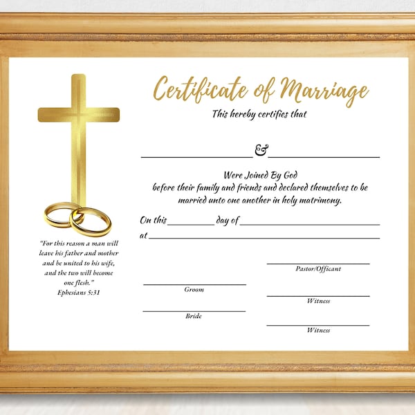 Editable Marriage Certificate Template, Printable Gold Wedding Certificate with Sample Wording and Scripture Quote, Edit in Canva