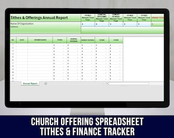 Könnte beinhalten: Ein Computermonitor zeigt eine digitale Tabellenkalkulation mit dem Titel Tithes & Offerings Annual Report. Die Benutzeroberfläche enthält Spalten für Mitgliedernamen, Daten und Finanzkategorien wie Zehnten, allgemeine Spenden und Sonntagsschule.