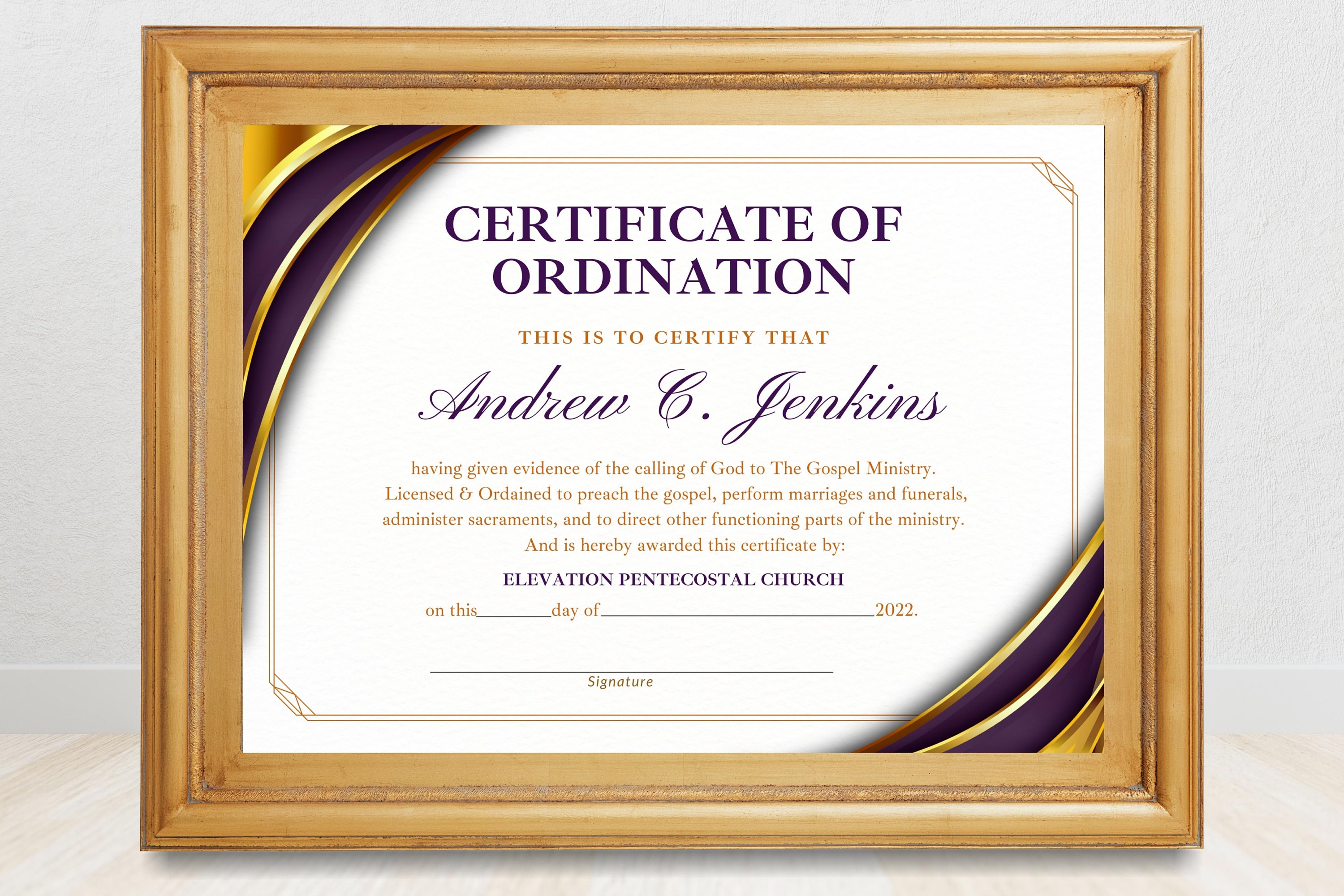 Editable Certificate of Ordination for New Pastors, Prophet