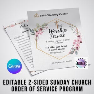 Floral Church Program Template: 2-Sided Order of Service (Canva Editable, Printable PDF)