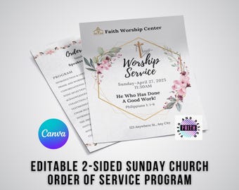 Floral Church Program Template: 2-Sided Order of Service (Canva Editable, Printable PDF)