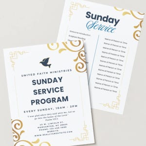 Elegant Church Program Template: Gold & Blue Sunday Service (canva ...