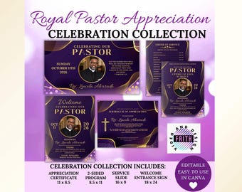 Pastor Appreciation Celebration Kit | Purple Gold Canva Templates (Digital Download)