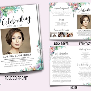 Modèle de carte pliable commémorative florale, programme de service commémoratif modifiable de 4 pages, carte de célébration personnalisable de la nécrologie, modifier en Canva