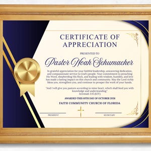Editable Pastor Appreciation Certificate Template: Elegant Award (Canva)