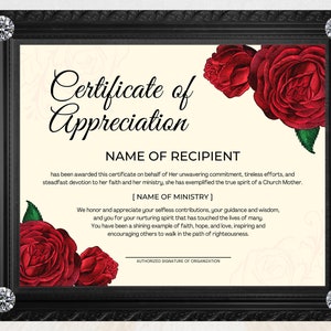 Printable Mother&#39;s Day Certificate of Appreciation, Certificate to honor Church Mothers, Editable Religious Award, Canva Template