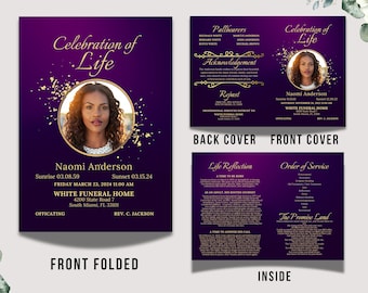 Purple and Gold Obituary Template | 4-Page Customizable Funeral Program | Editable in Canva