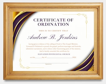 Plantilla editable de certificado de ordenación: Pastor, Obispo, Anciano (Canva)